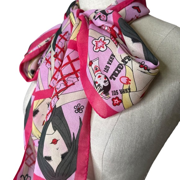 ANNA SUI Dolly Girl Pink Scarf Silk Women's Cartoon Print Fashion Scarf - Picture 4 of 7